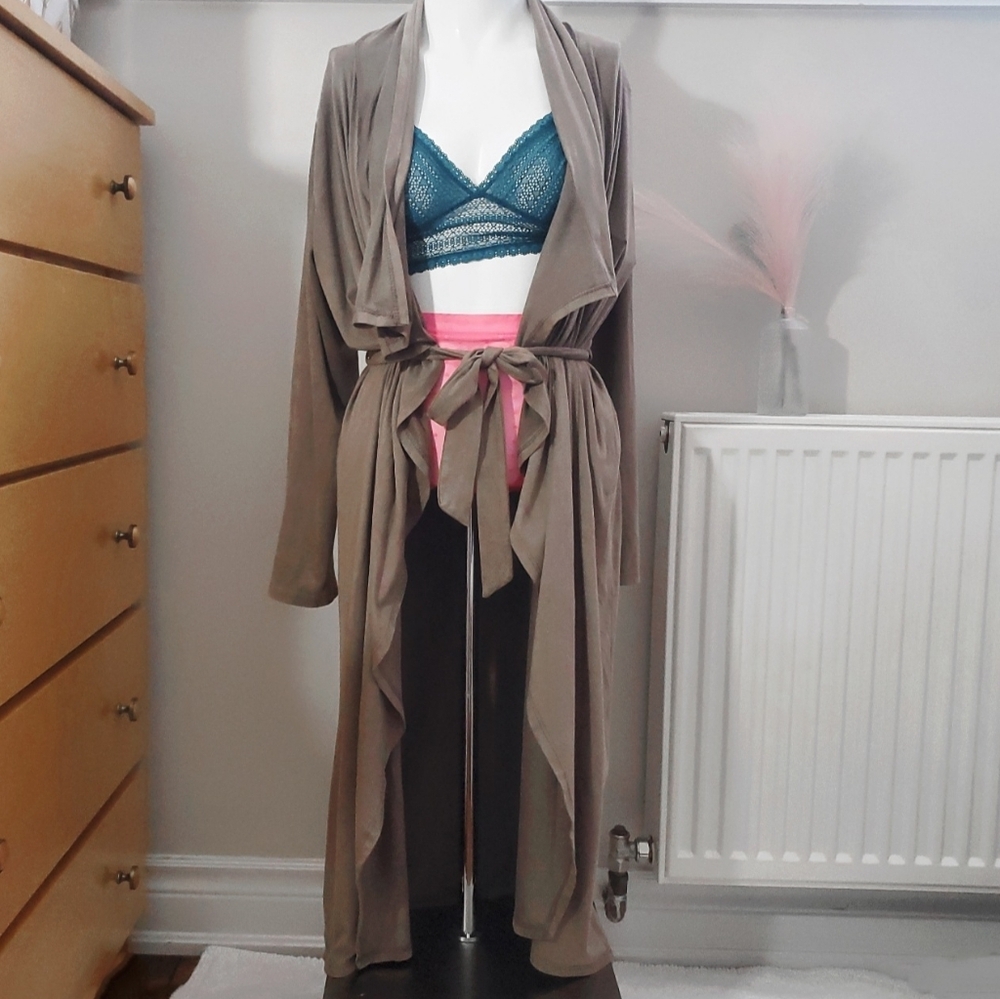 Vintage Y2K Super Soft Suedette Long Open Tie Waist Longline Trench Cardi